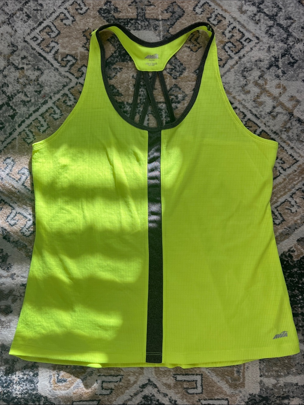 Large Avia Neon Yellow Racerback Tank Top with Gray Stripe Work Out Wear